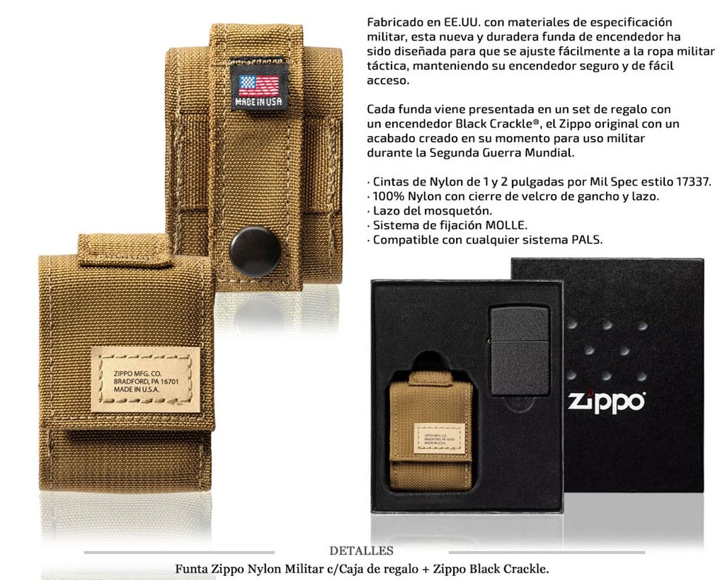 FUNDA ZIPPO NYLON MILITAR COYOTE C/CAJA REGALO
