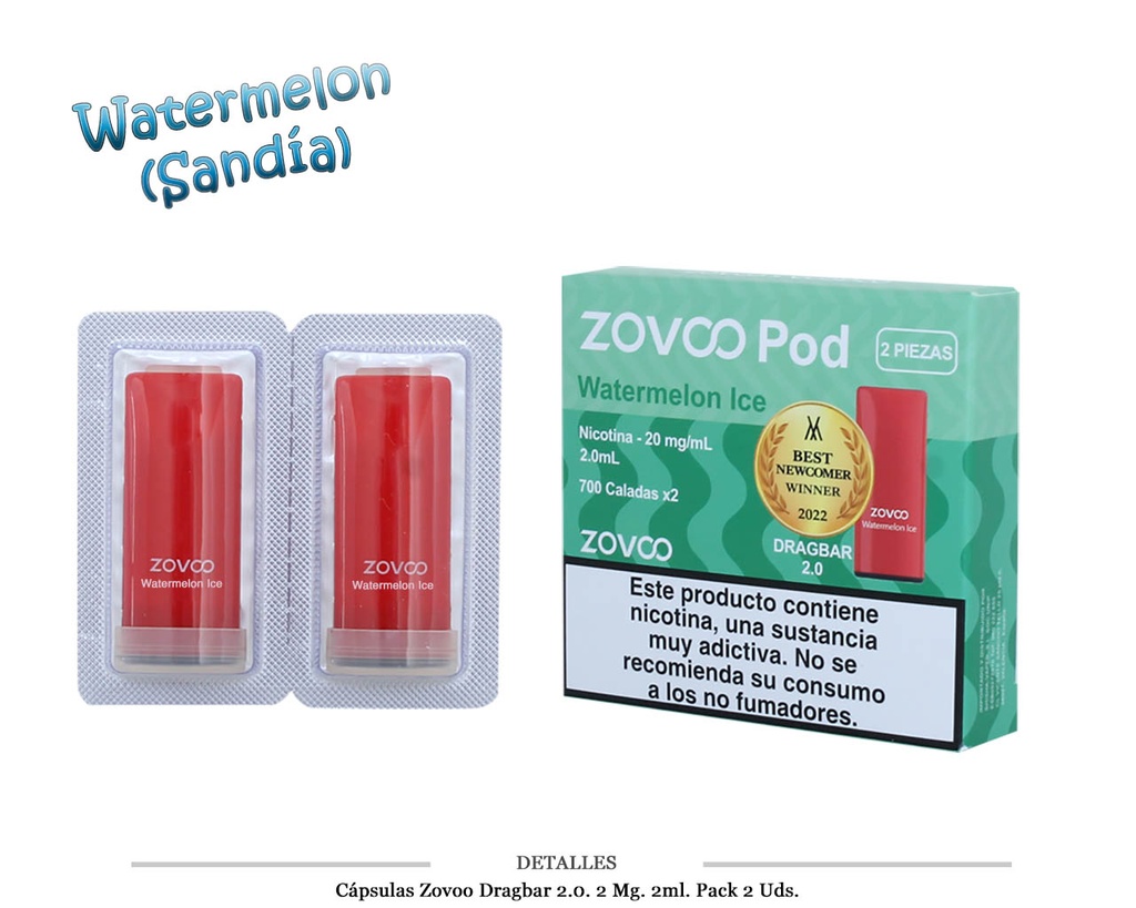 CAPSULAS ZOVOO DRAGBAR 2.0 WATERMELON 20MG 2 UDS