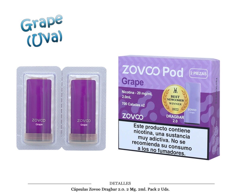 CAPSULAS ZOVOO DRAGBAR 2.0 GRAPE 20MG 2 UDS