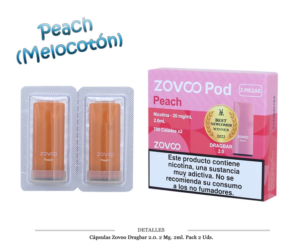 CAPSULAS ZOVOO DRAGBAR 2.0 PEACH 2 UD 20MG 4ML