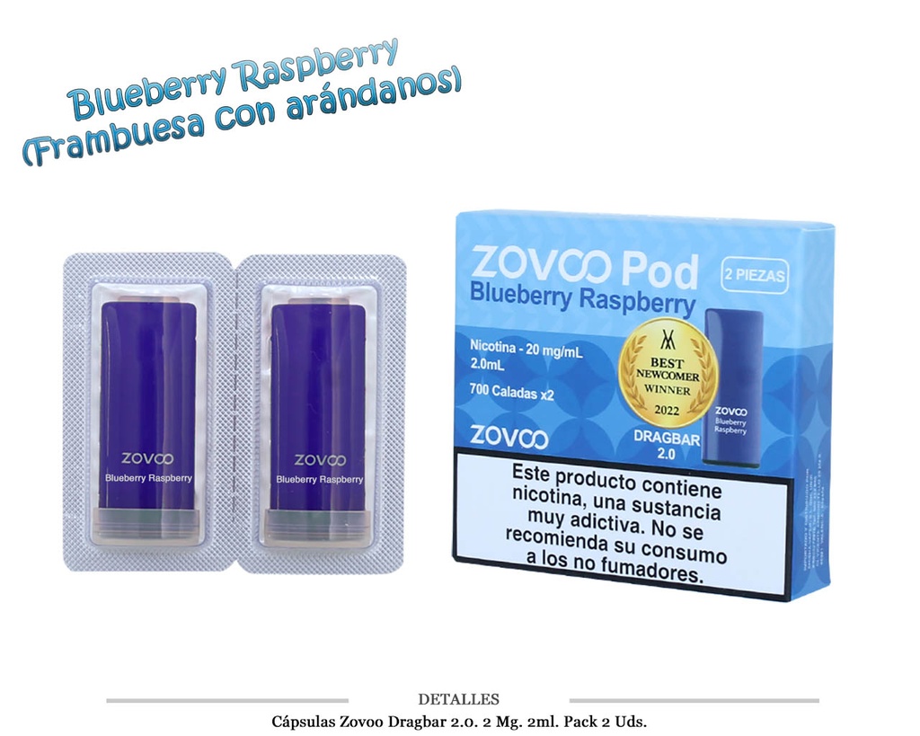 CAPSULAS ZOVOO DRAGBAR 2.0 BLUEBERRY RASPBERRY 20MG 2 UDS