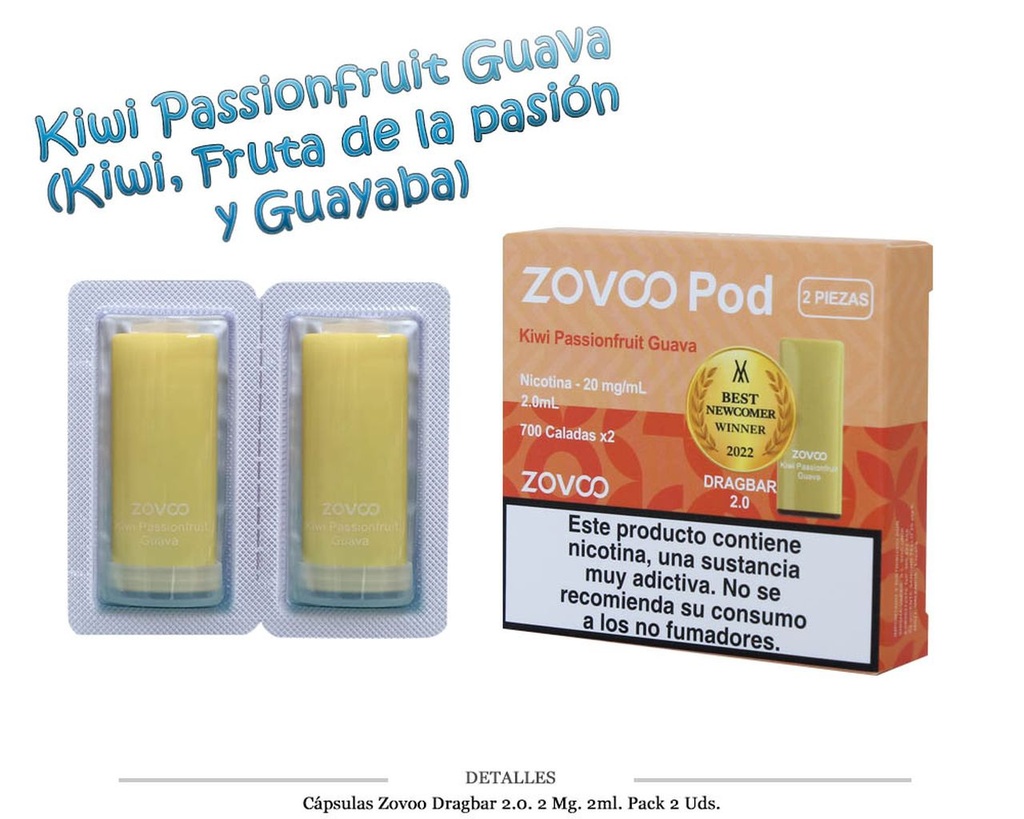 CAPSULAS ZOVOO DRAGBAR 2.0 KIWI PASSIONFRUIT GUAVA 20MG 2 UDS