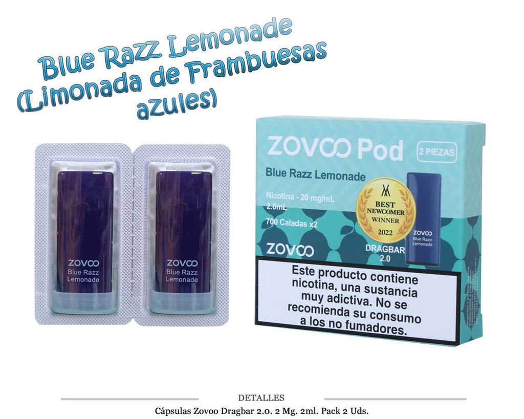 CAPSULAS ZOVOO DRAGBAR 2.0 BLUE RAZZ LEMONADE 20MG 2 UDS