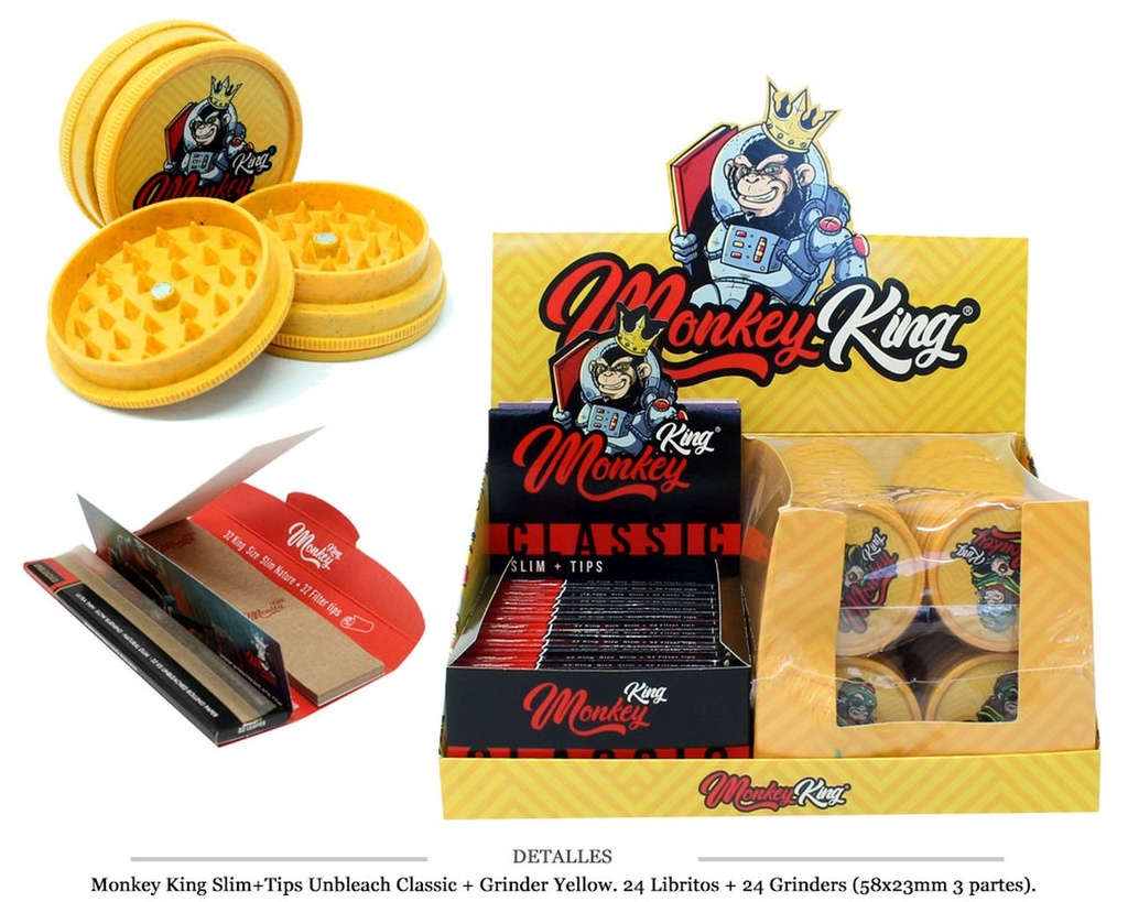 MONKEY KING KS SLIM+TIPS UNBLEACH + GRINDER YELLOW 24 UDS
