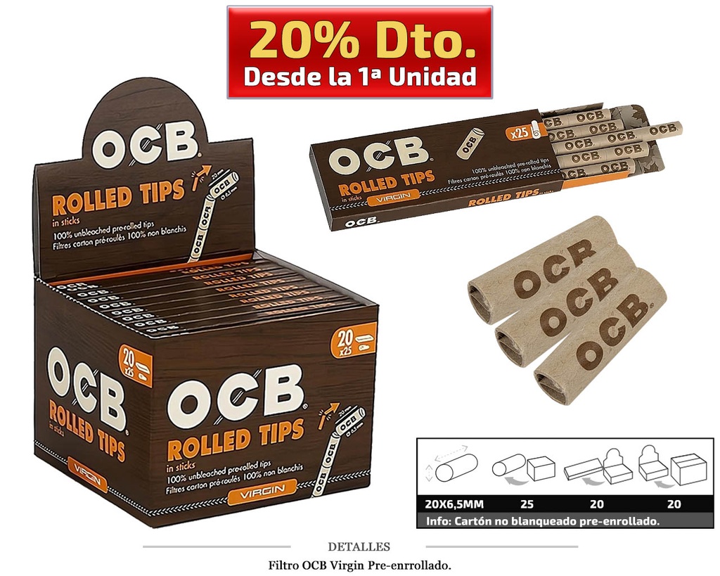 FILTRO OCB TIPS PREROLLED VIRGIN 25X20 UDS