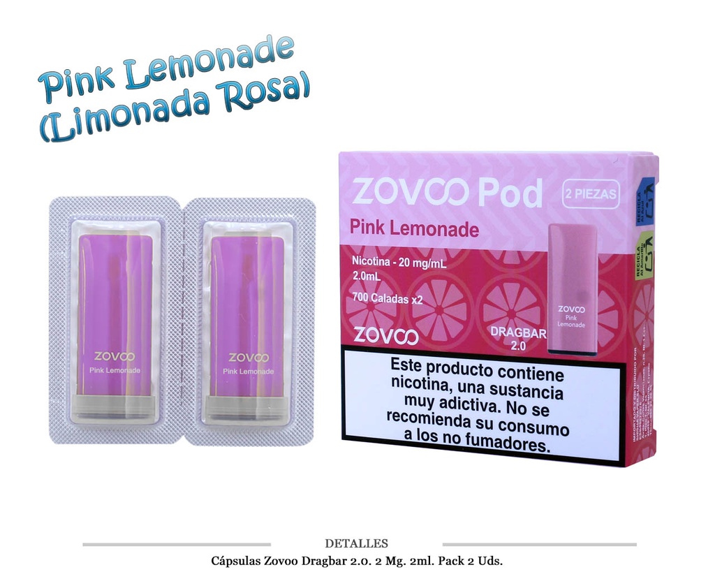 CAPSULAS ZOVOO DRAGBAR 2.0 PINK LEMONADE 20MG 2 UDS