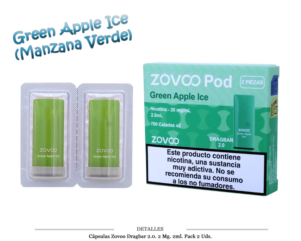 CAPSULAS ZOVOO DRAGBAR 2.0 GREEN APPLE 20MG 2 UDS