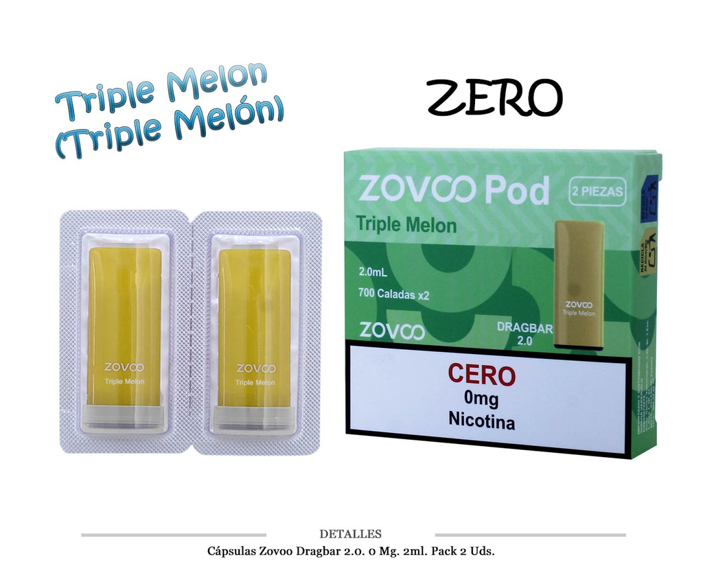 CAPSULAS ZOVOO DRAGBAR 2.0 TRIPLE MELON 0MG 2 UDS