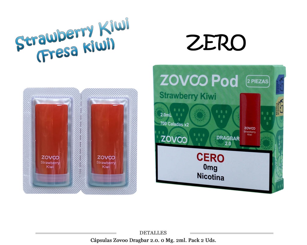 CAPSULAS ZOVOO DRAGBAR 2.0 STRAWBERRY KIWI 0MG 2 UDS