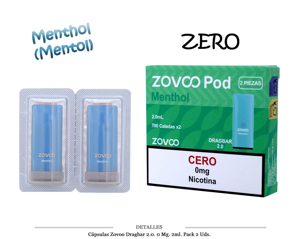 CAPSULAS ZOVOO DRAGBAR 2.0 MENTHOL 0MG 2 UDS