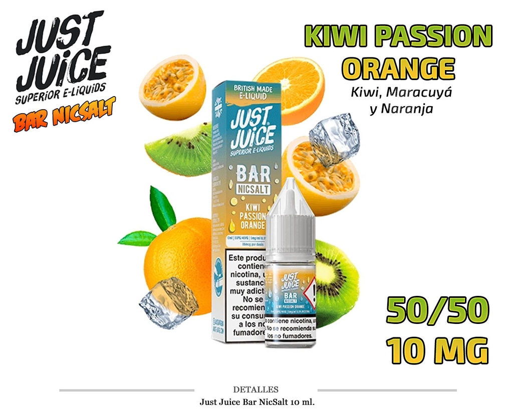 E-LIQUID JUST JUICE BAR SALT KIWI PASSION FRUIT ORANGE 10MG 10ML