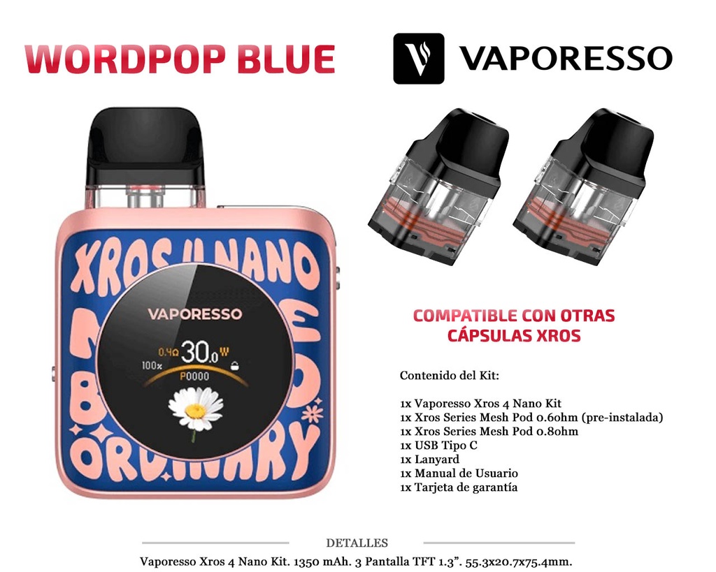 VAPORESSO XROS 4 NANO WORDPOP BLUE KIT 1350MAH