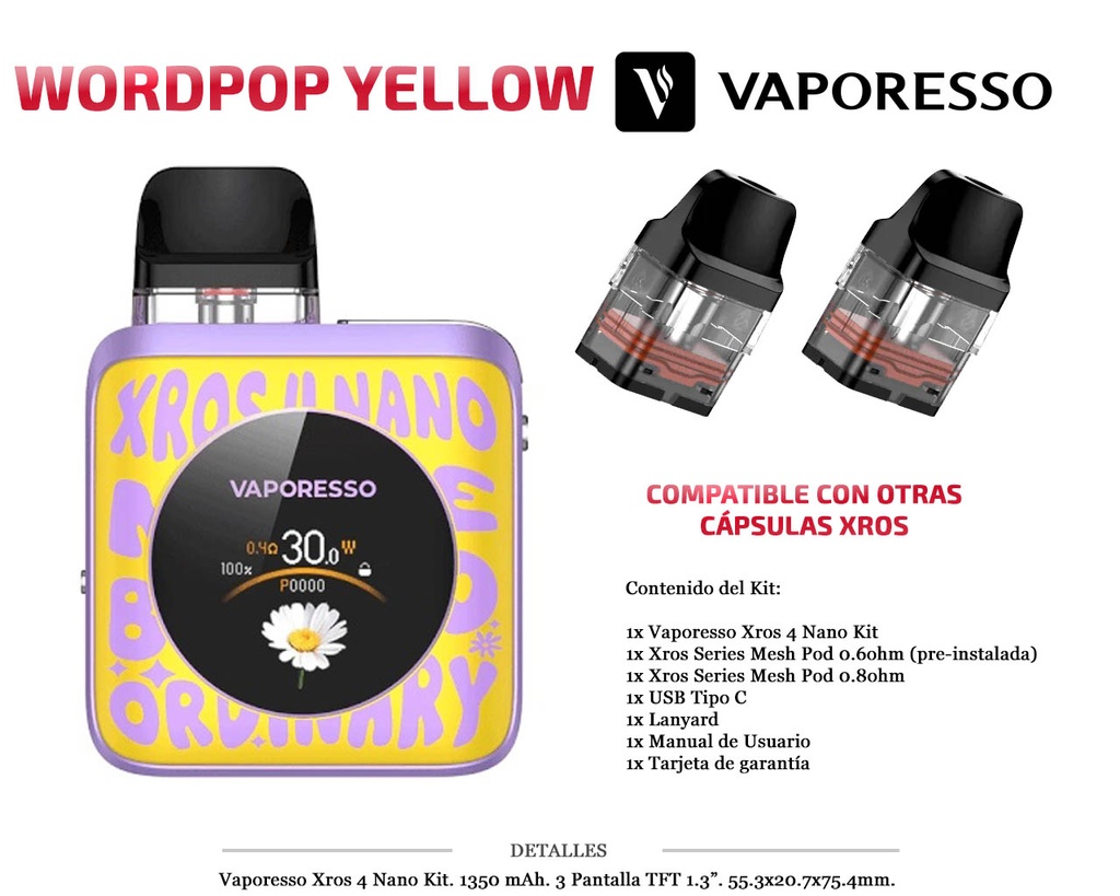 VAPORESSO XROS 4 NANO WORDPOP YELLOW KIT 1350MAH