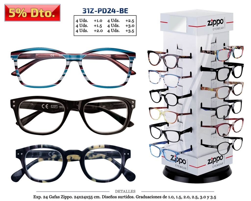 GAFAS LECTURA ZIPPO PD24-BE DE 1.0 A 3.5 D. 24 UDS