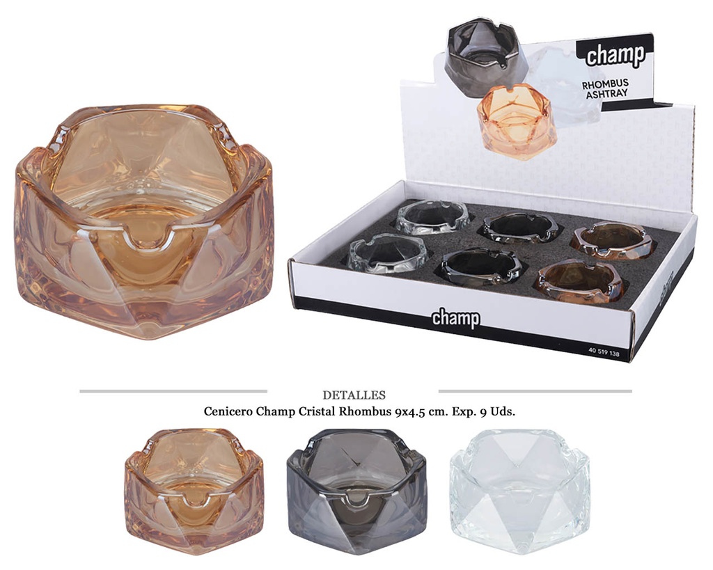 CENICERO CHAMP CRISTAL RHOMBUS 9X4,5 CM 6 UDS