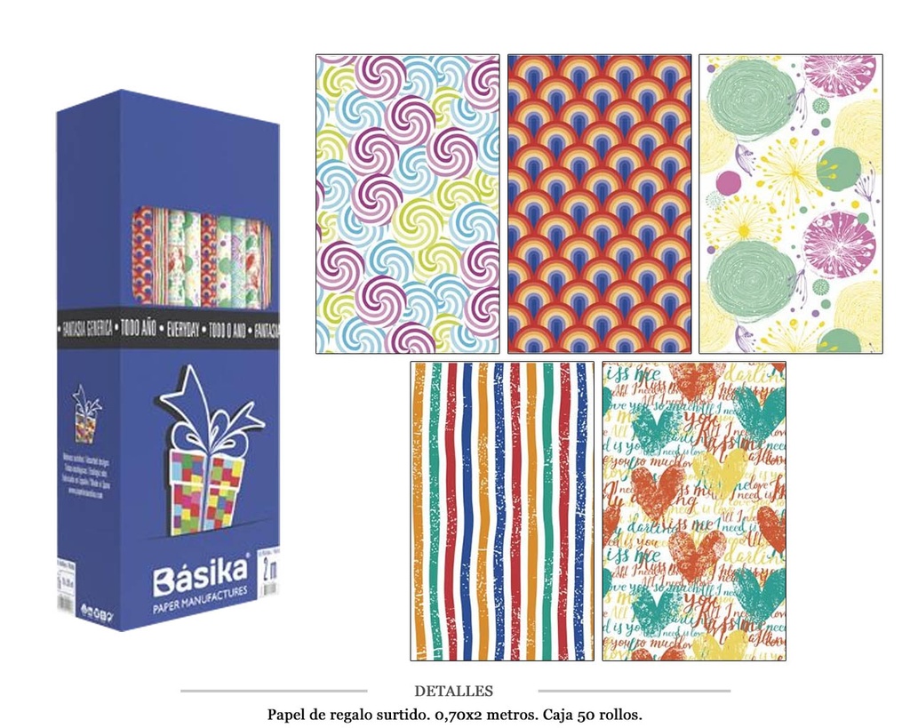 PAPEL REGALO ROLLO SURTIDO 0.70X2M 50 UD