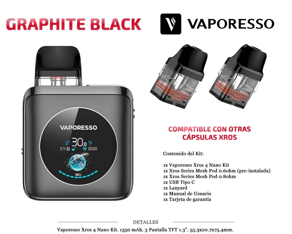 VAPORESSO XROS 4 NANO GRAPHITE BLACK  KIT 1350MAH