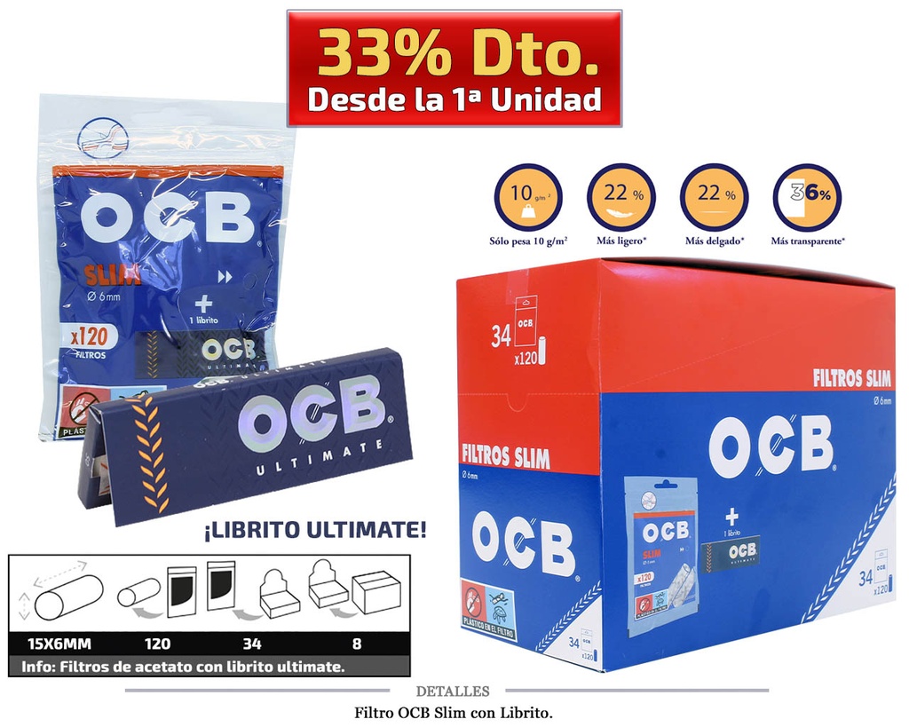 FILTRO OCB SLIM 6MM C/LIBRITO ULTIMATE 34x120 UDS