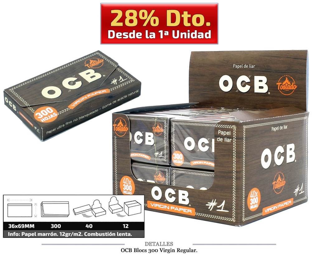 OCB BLOCS 300 70MM VIRGIN 40 UDS