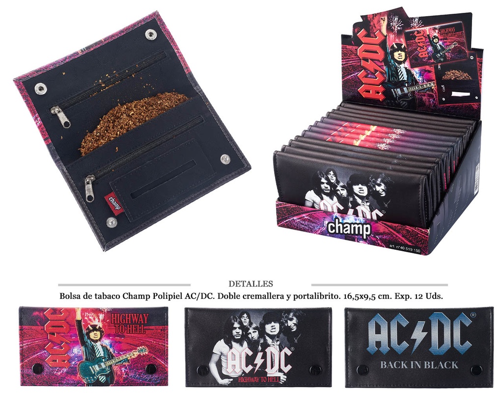 BOLSA TABACO CHAMP P.PIEL AC/DC 16,5X9,5CM 12 UDS
