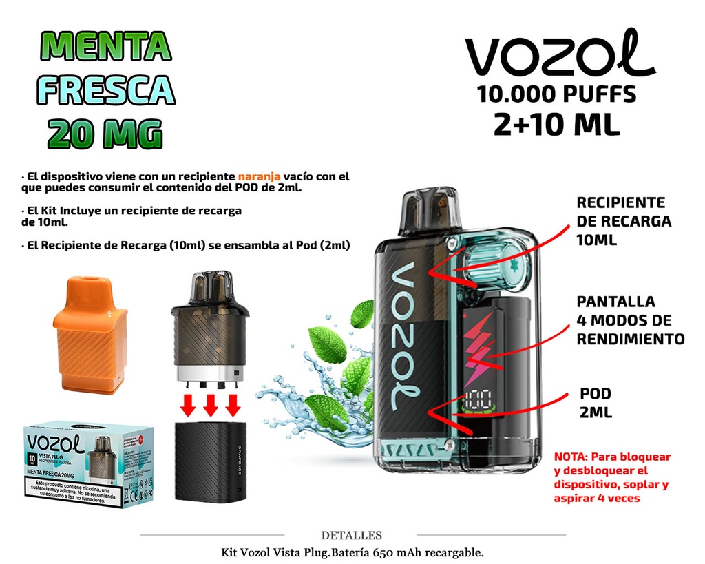 KIT VOZOL VISTA PLUG MENTA FRESCA 20MG 2 + 10ML