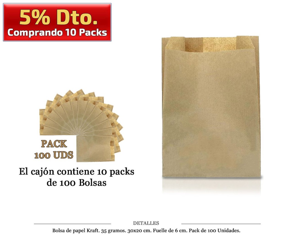 BOLSA PAPEL KRAFT 30X20+6 35 GR. S/V 100 UDS