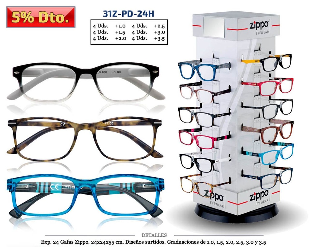 GAFAS LECTURA ZIPPO PD-24H DE 1.0 A 3.5 D. 24 UDS