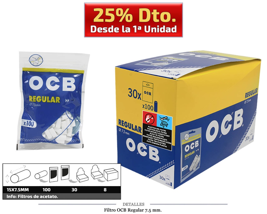 FILTRO OCB REGULAR 7,5MM 30x100 UDS