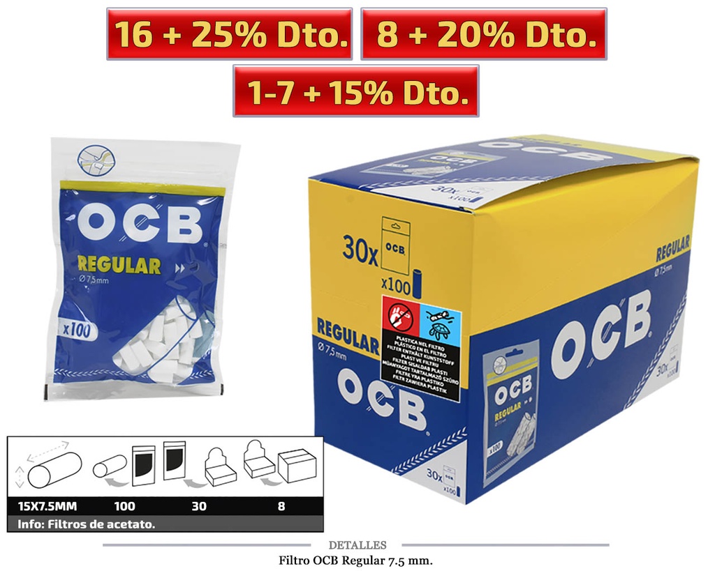 FILTRO OCB REGULAR 7,5MM 30x100 UDS