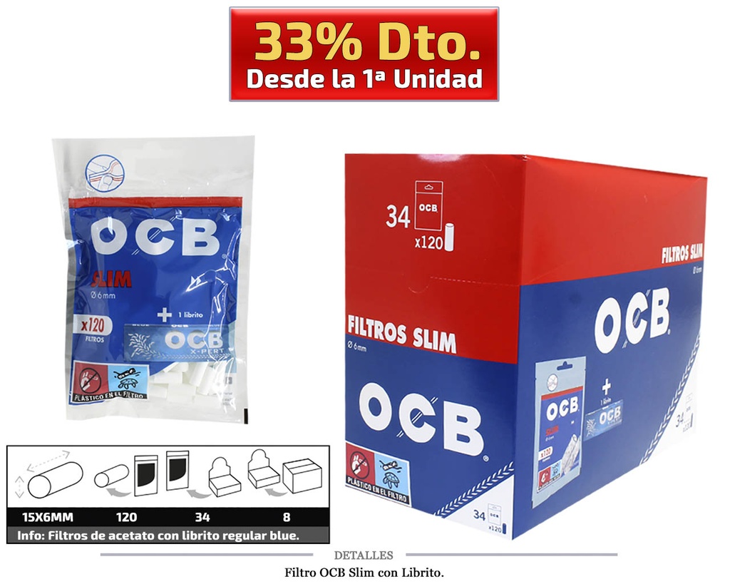 FILTRO OCB SLIM 6MM C/LIBRITO BLUE 34x120 UDS