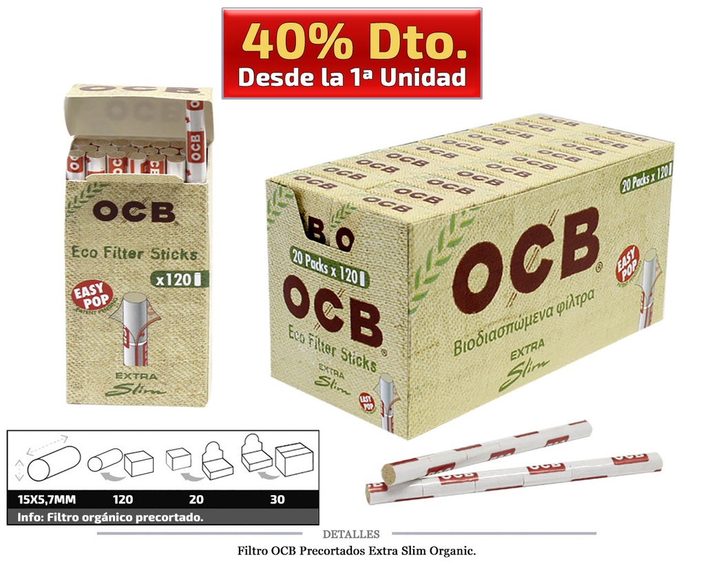 FILTRO OCB EXTRA SLIM PRECUT ORGANIC 5,7MM 20X120 UDS