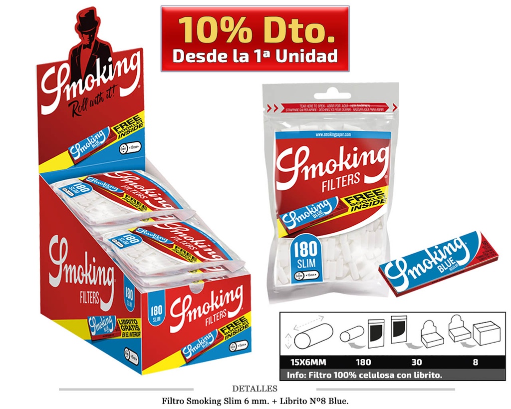 FILTRO SMOKING SLIM 6MM + LIBRITO 30X180 UDS