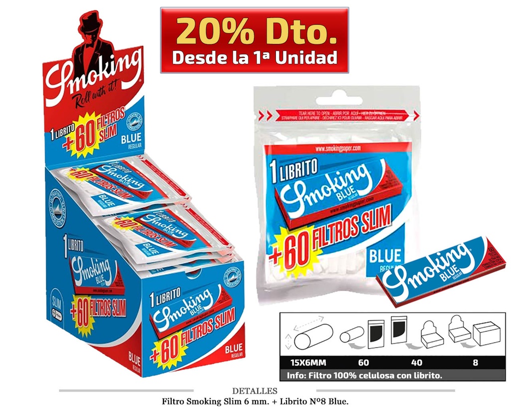 FILTRO SMOKING SLIM 6MM 60F+LIBR. Nº8 BLUE 40 UDS