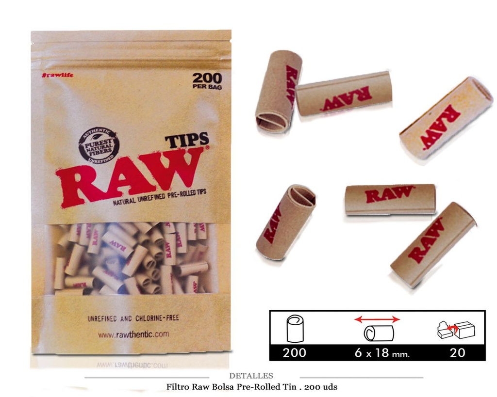 FILTRO RAW BOLSA PRE- ROLLED TIPS 200 UDS