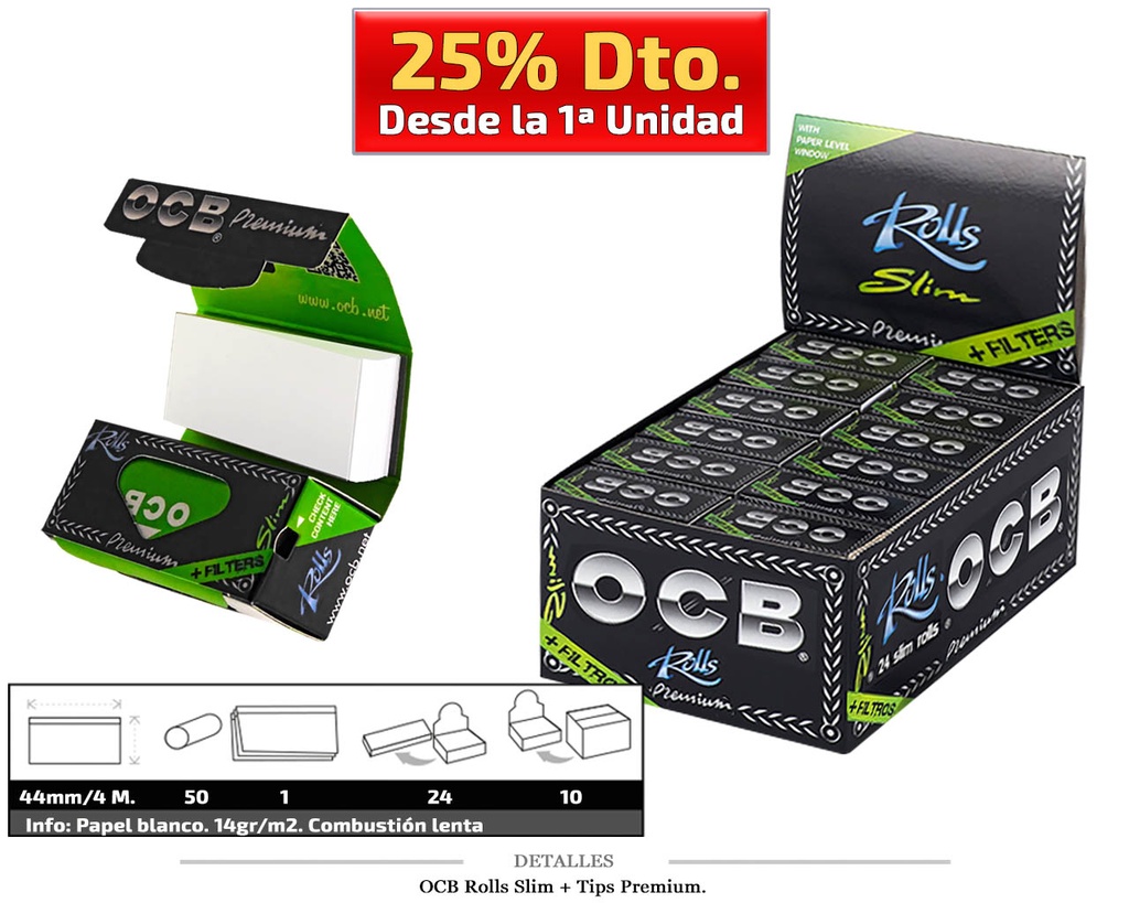 OCB ROLLS SLIM + TIPS PREMIUM 24 UDS