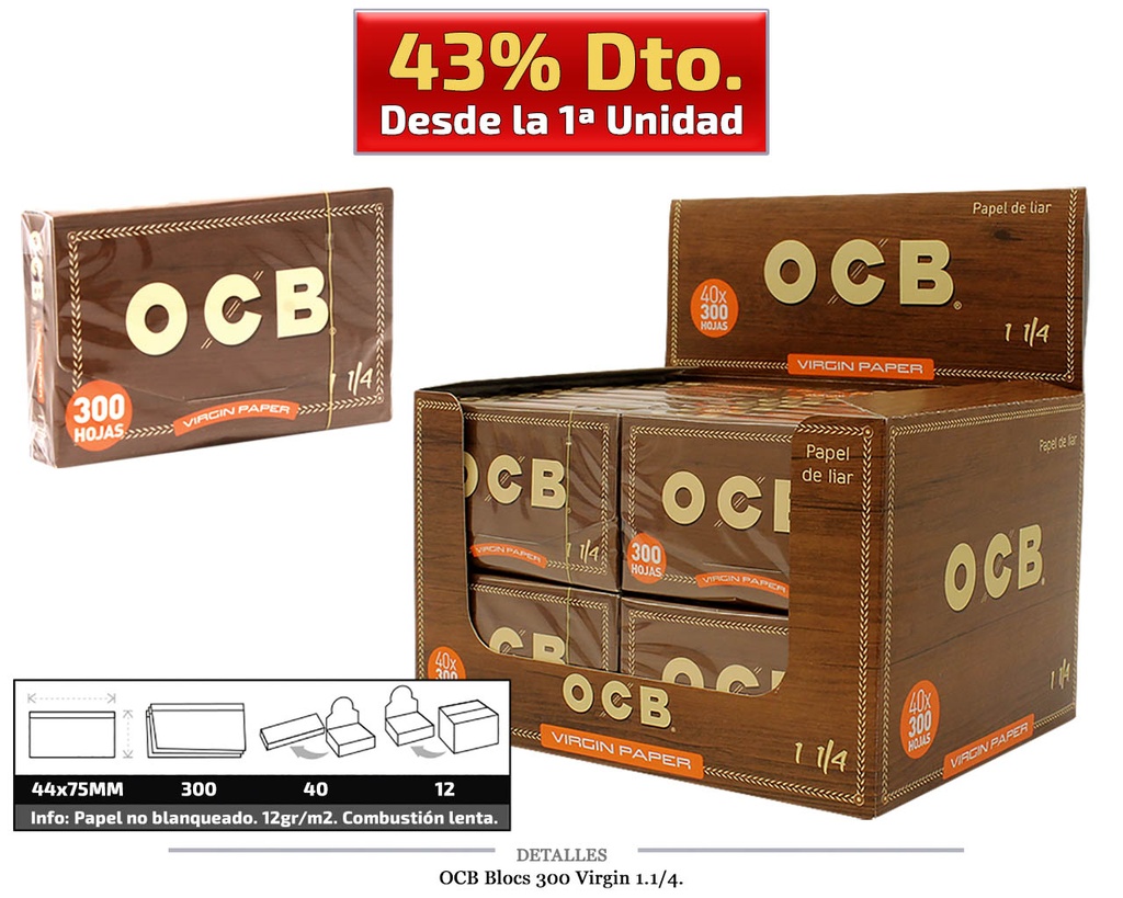 OCB BLOCS 300 1.1/4 VIRGIN 40 UDS