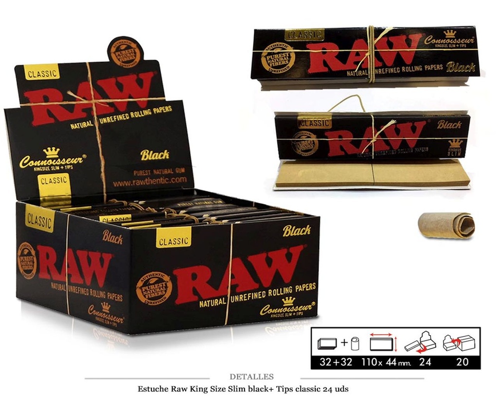 RAW KING SIZE SLIM BLACK+TIPS CLASSIC 24 UDS.