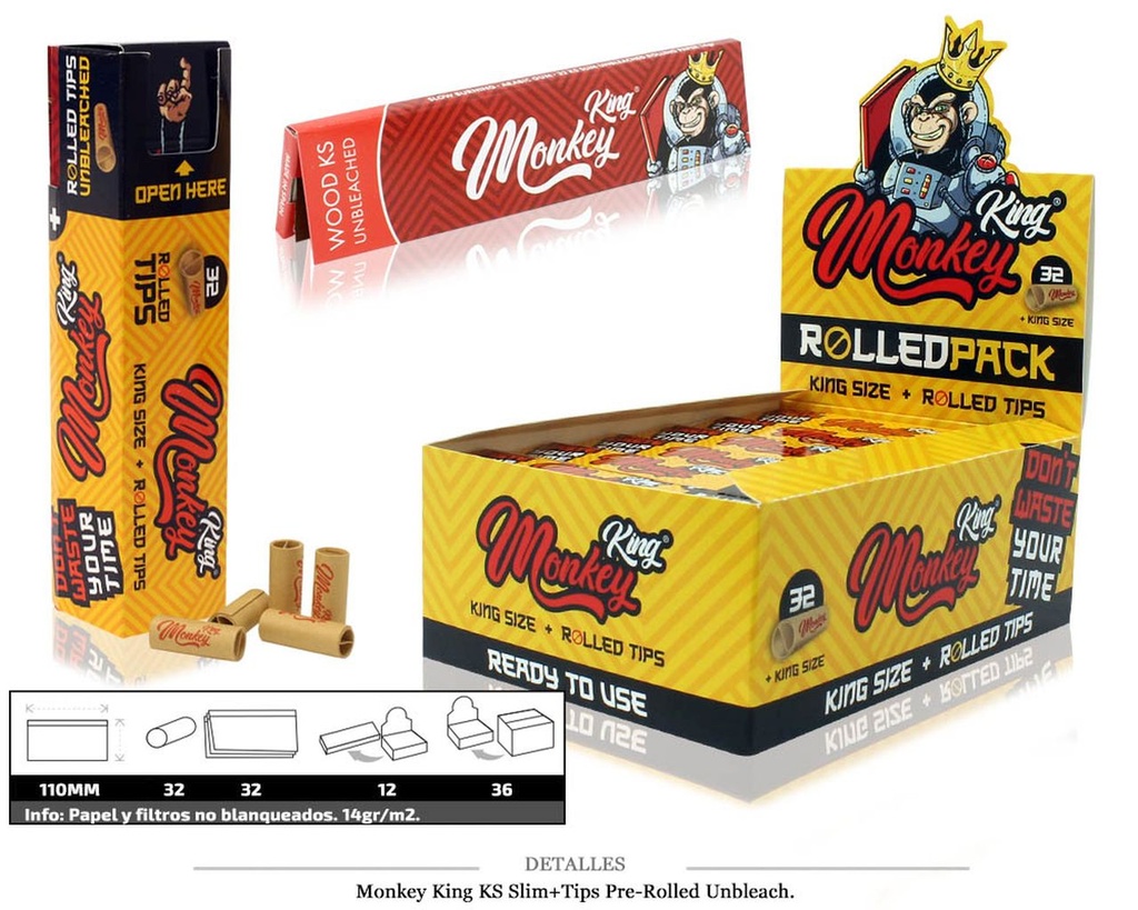 MONKEY KING KS SLIM+TIPS PRE-ROLLED UNBLEACH 12 UD