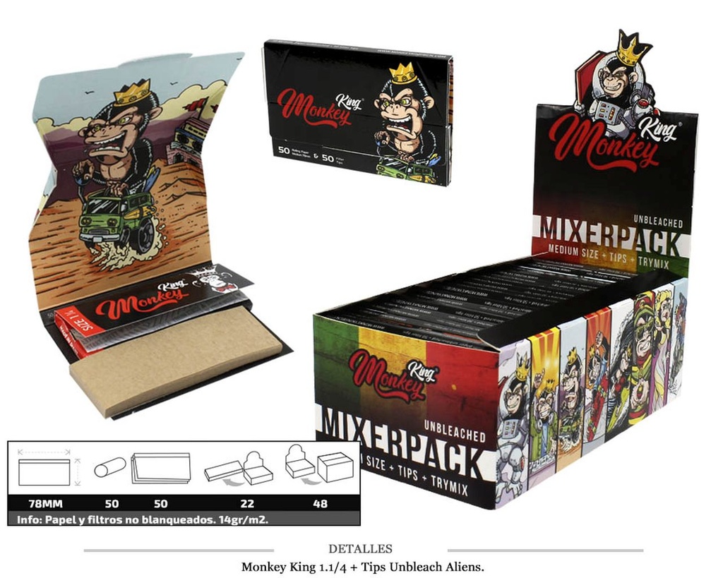 MONKEY KING 1.1/4+TIPS UNBLEACH MIXPACK 22 UDS