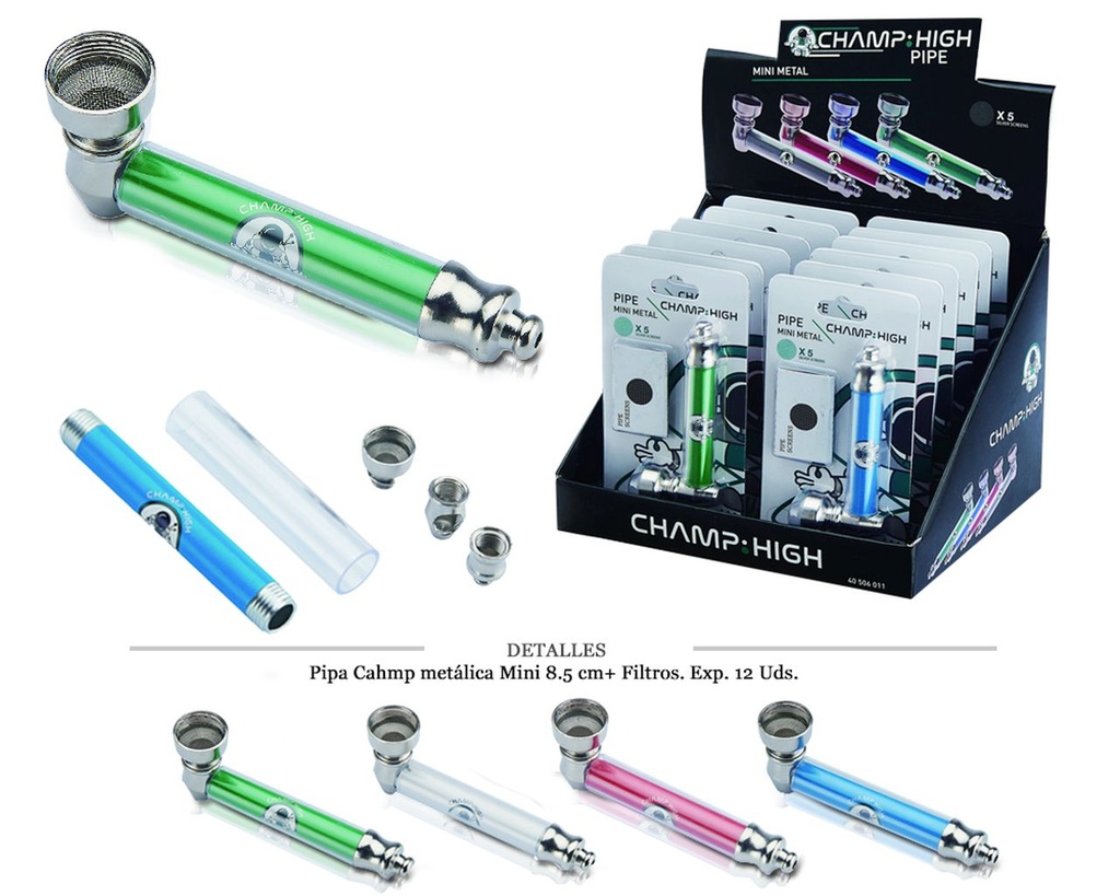 PIPA MET CHAMP MINI 8,5 CM + FILTROS 12 UDS