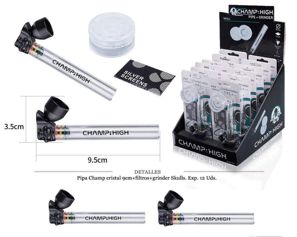 PIPA CRISTAL CHAMP 9CM+FILTROS+GRINDER SKUL 12 UDS