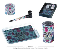 [125.400] SET SUPER HEROES GRINDER/PIPA/STORAGE/BAND. SKULL FLOWERS