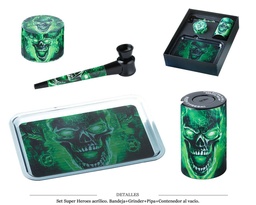 [125.401] SET SUPER HEROES GRINDER/PIPA/STORAGE/BAND. SKULL GREEN